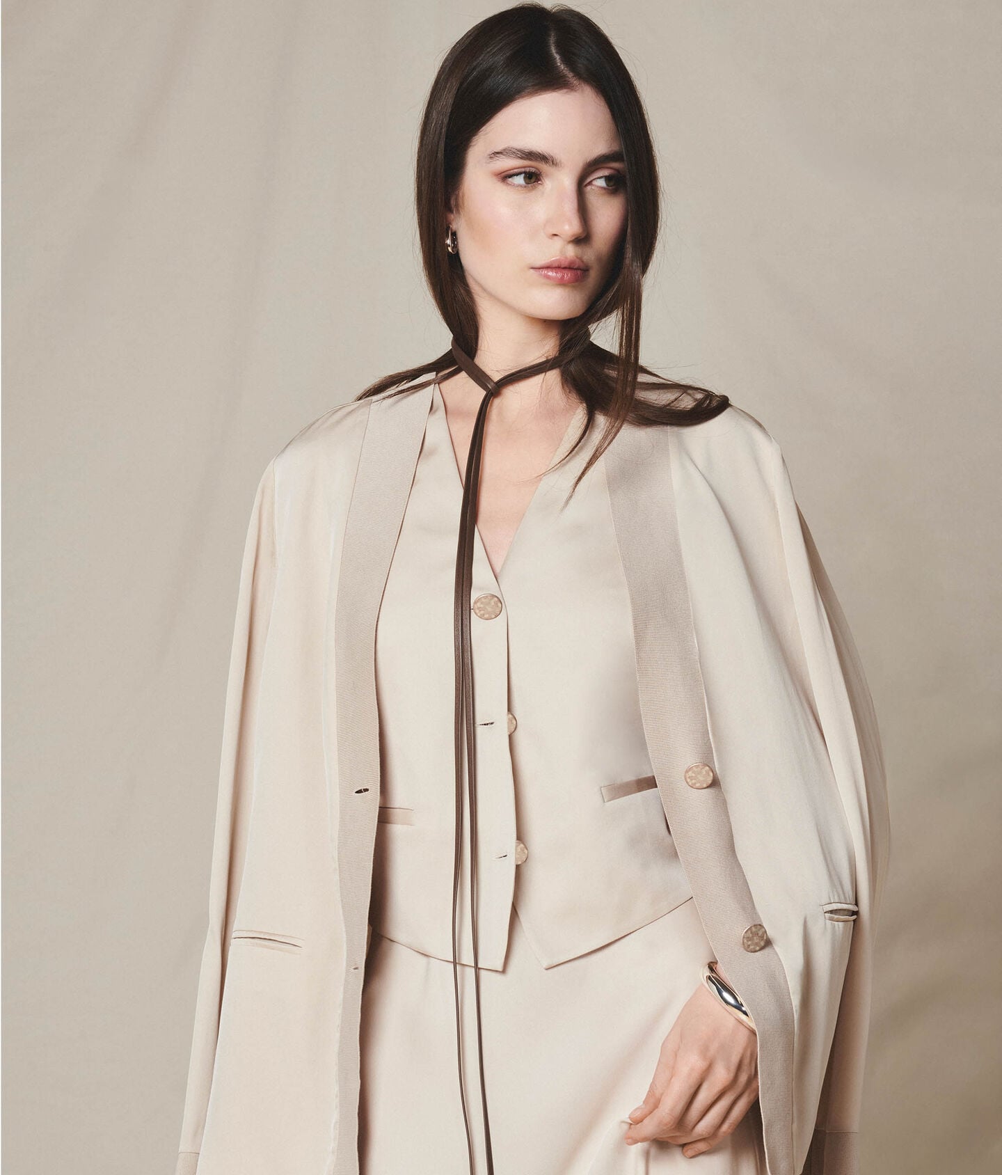 Matte silk satin blazer with knit inserts