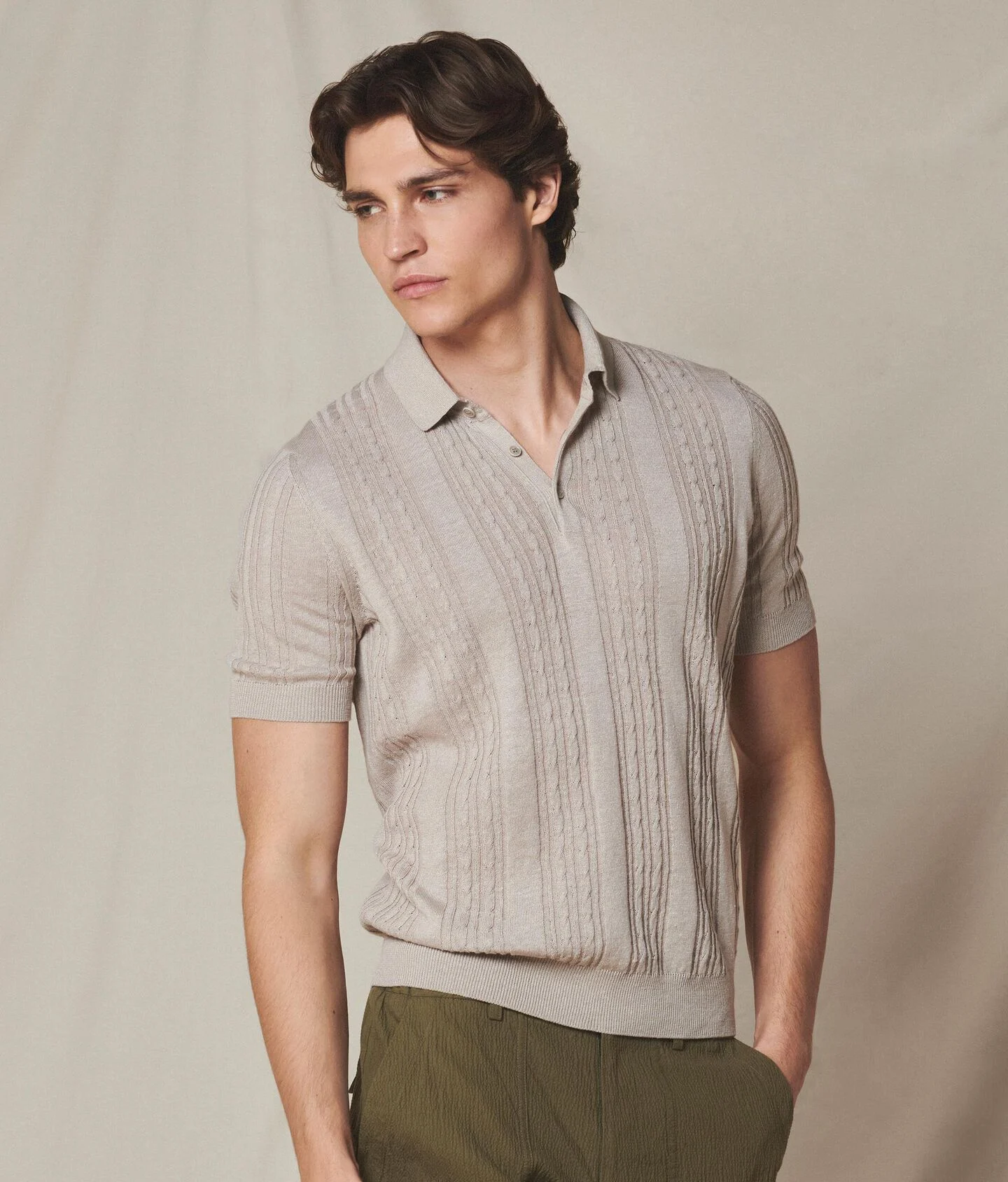 Polo shirt with ribbed cable knit pattern