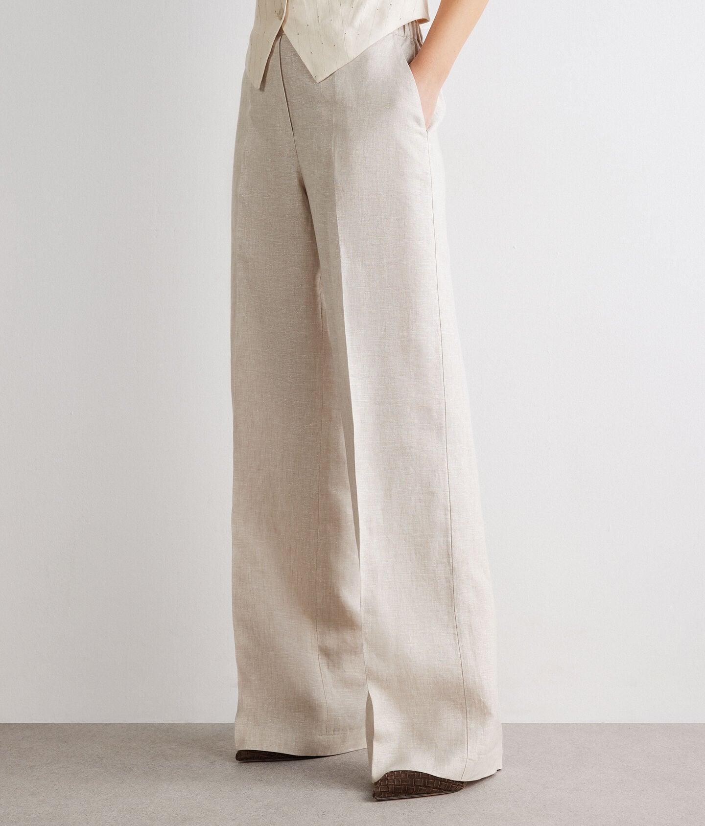 Straight-leg linen pants with lamé thread